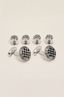 Checkered Circular Cufflinks Stud Set Silver