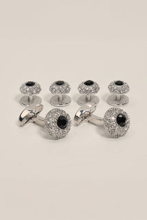 Crystal Encrusted Dark Stone Cufflinks Stud Set Silver Black