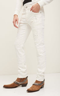 Painted Soft Cotton Distressed Denim Jeans - White