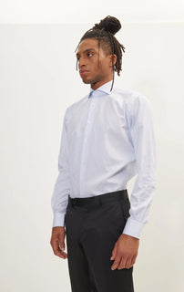 Pure Cotton French Placket Spread Collar Dress Shirt - White Dark Blue Striped
