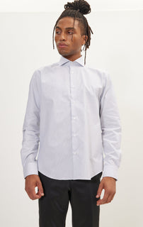 Pure Cotton French Placket Spread Collar Dress Shirt - White Navy Jacquard