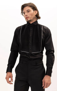 Pure Cotton Pleated Wing Tip Collar Shirt - Black White