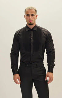 Pure Cotton Pleated Classic Collar Formal Shirt  - Black